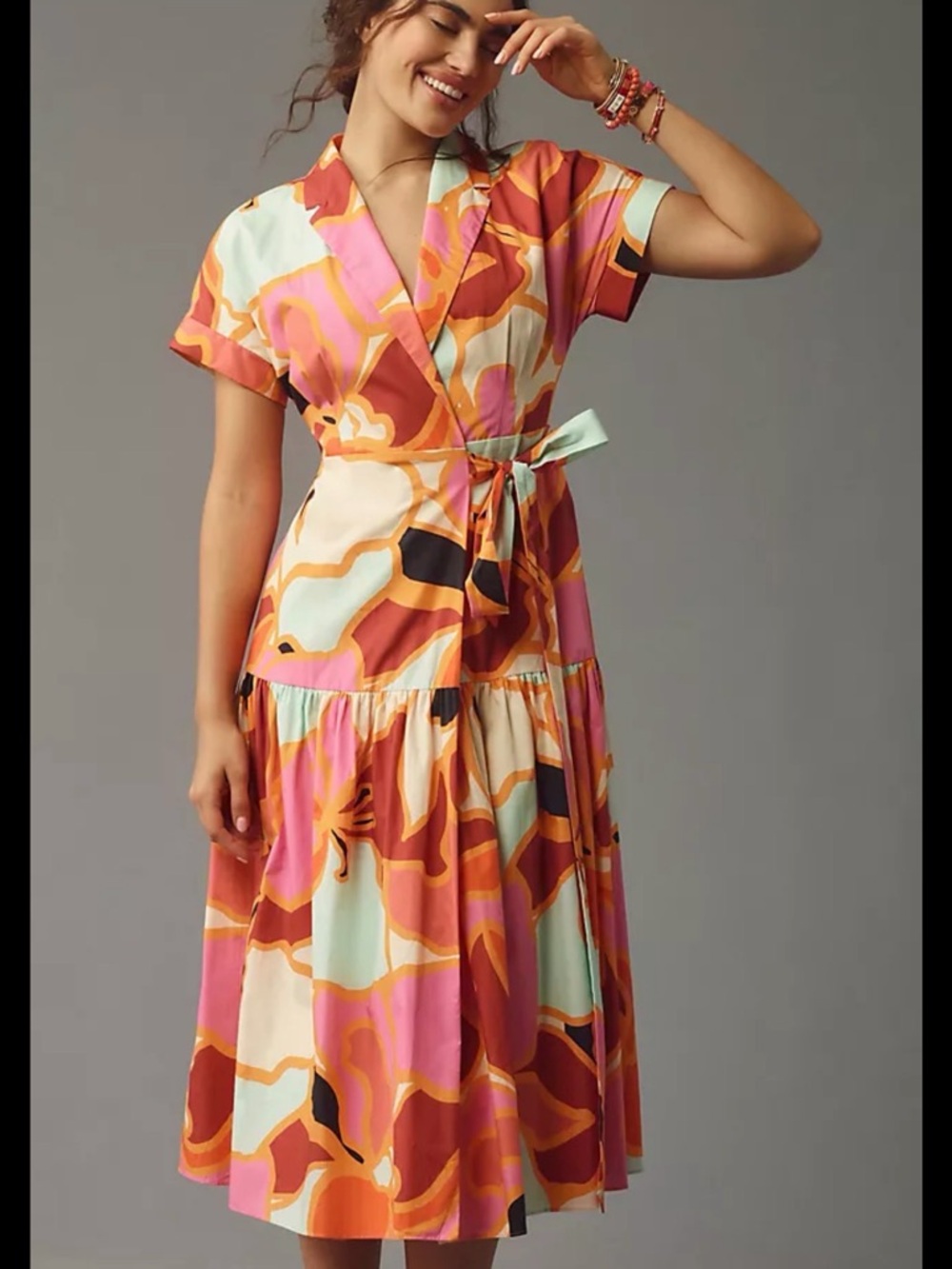 Hutch Rosen Short-Sleeve Tie-Waist Midi Shirt Dress